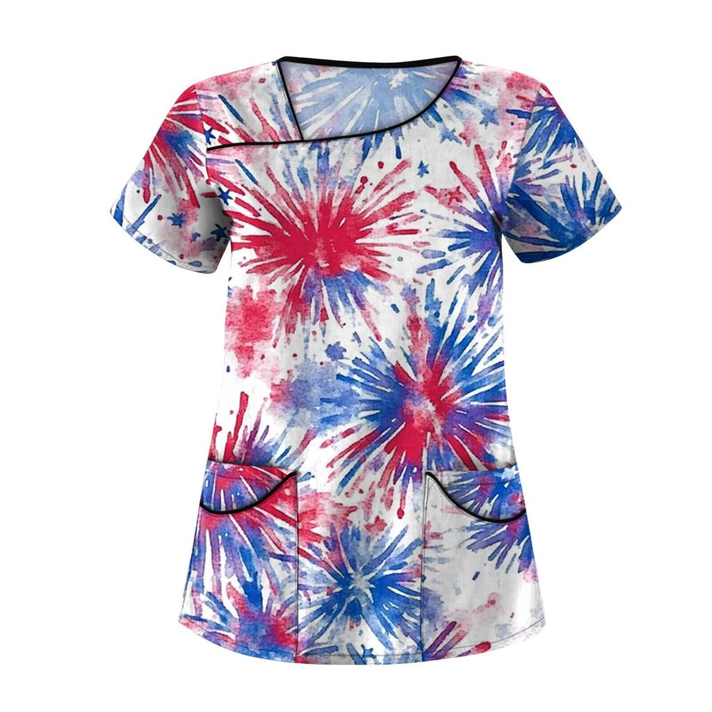 Dámské módní pracovní oděvy s krátkým rukávem a dvojitými kapsami