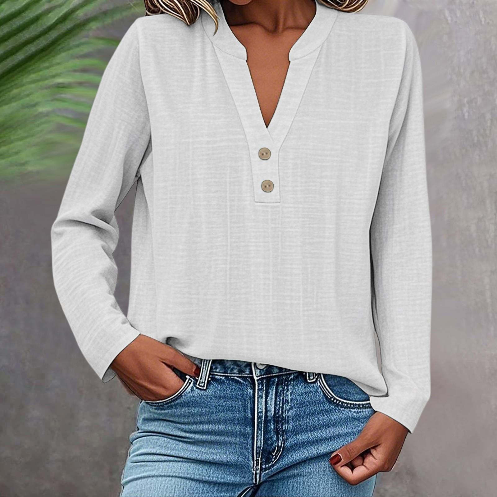 

Long Sleeve Linen Tops For Women Loose Fit V Neck Button Down Shirts Cute Solid Summer Beach Tee Shirts XL белый