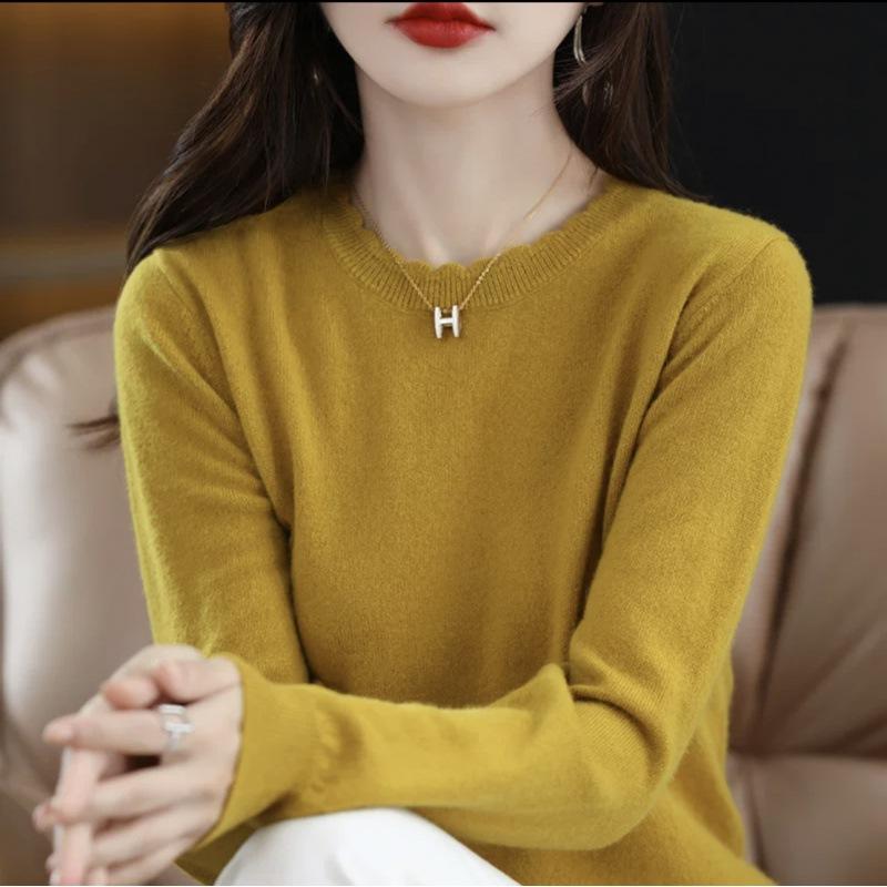 Soft Waxy Casual Lace Round Neck Bottoming Shirt Women's New Spring and Autumn Sweater Long-sleeved Knitted Sweater Loose