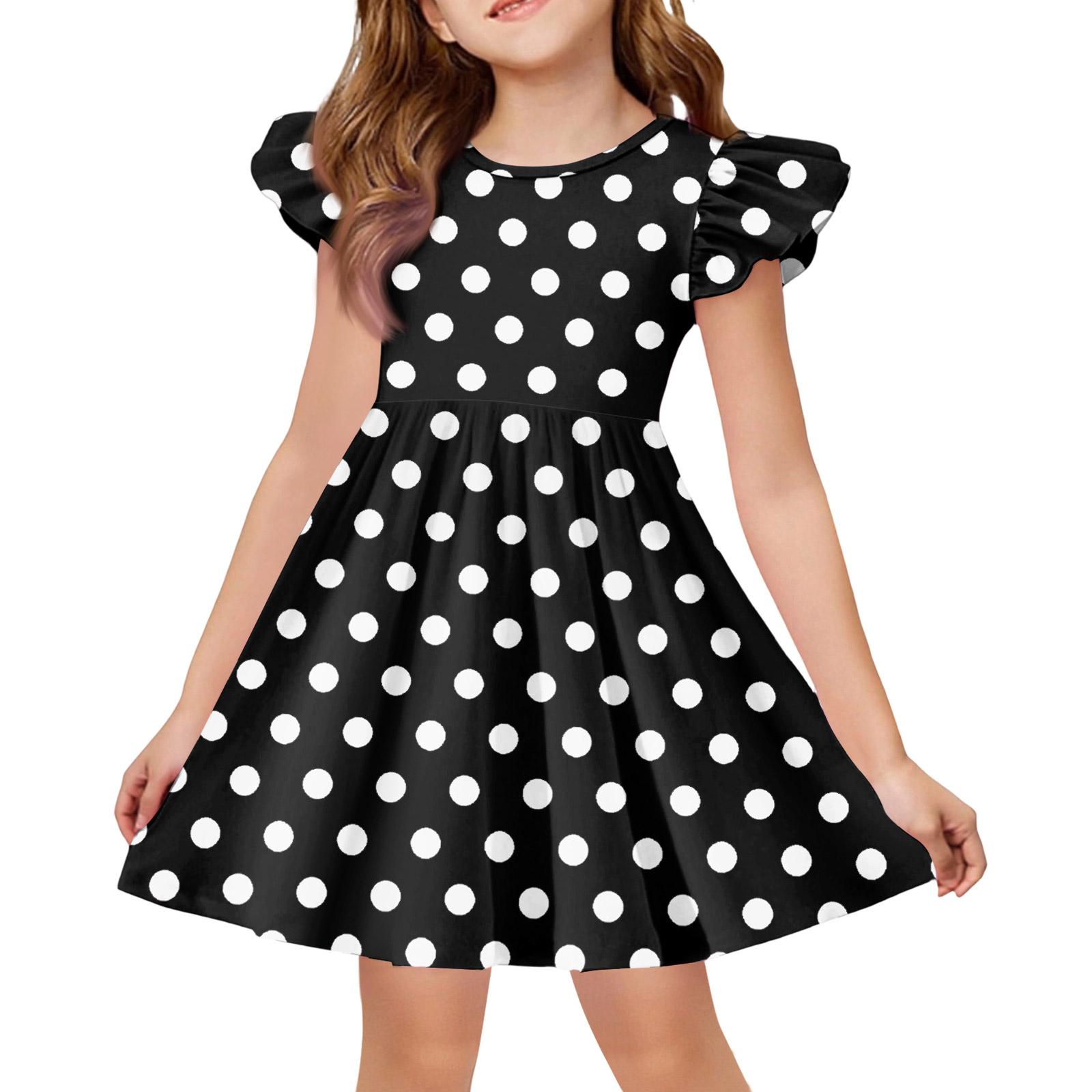 Girls Short Sleeve Ruffle Shoulder Polka Dot Casual A Line Dress Soft Stretchy Knit Pull On Sundress 110 чёрный