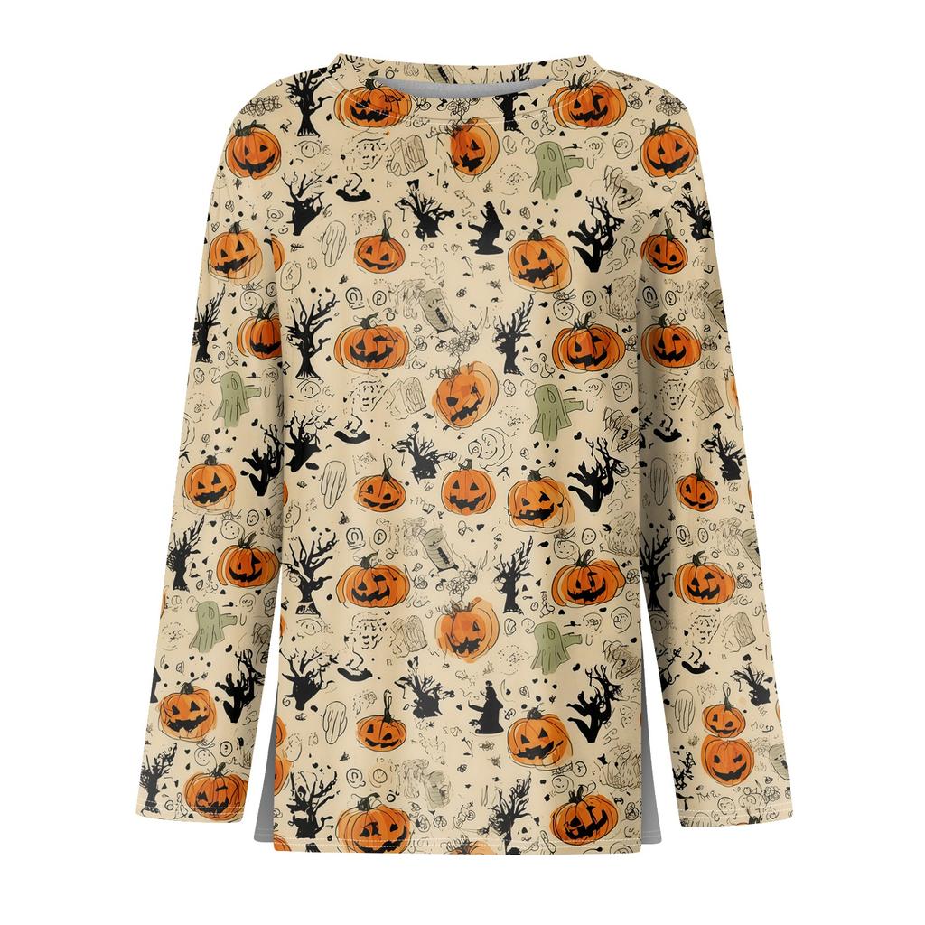 Women's Halloween Print Long Sleeve Top with Round Neck and Hem Slit