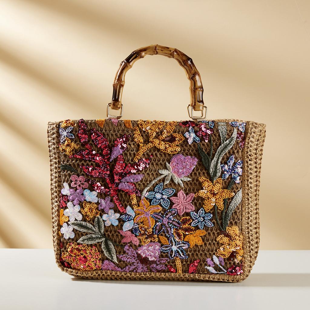 2026 Luxury Sequins Embroidery Large Tote Bags New Fashion Bamboo Handle Women Handags Lady Woven Straw Flower Summer Beach Bag