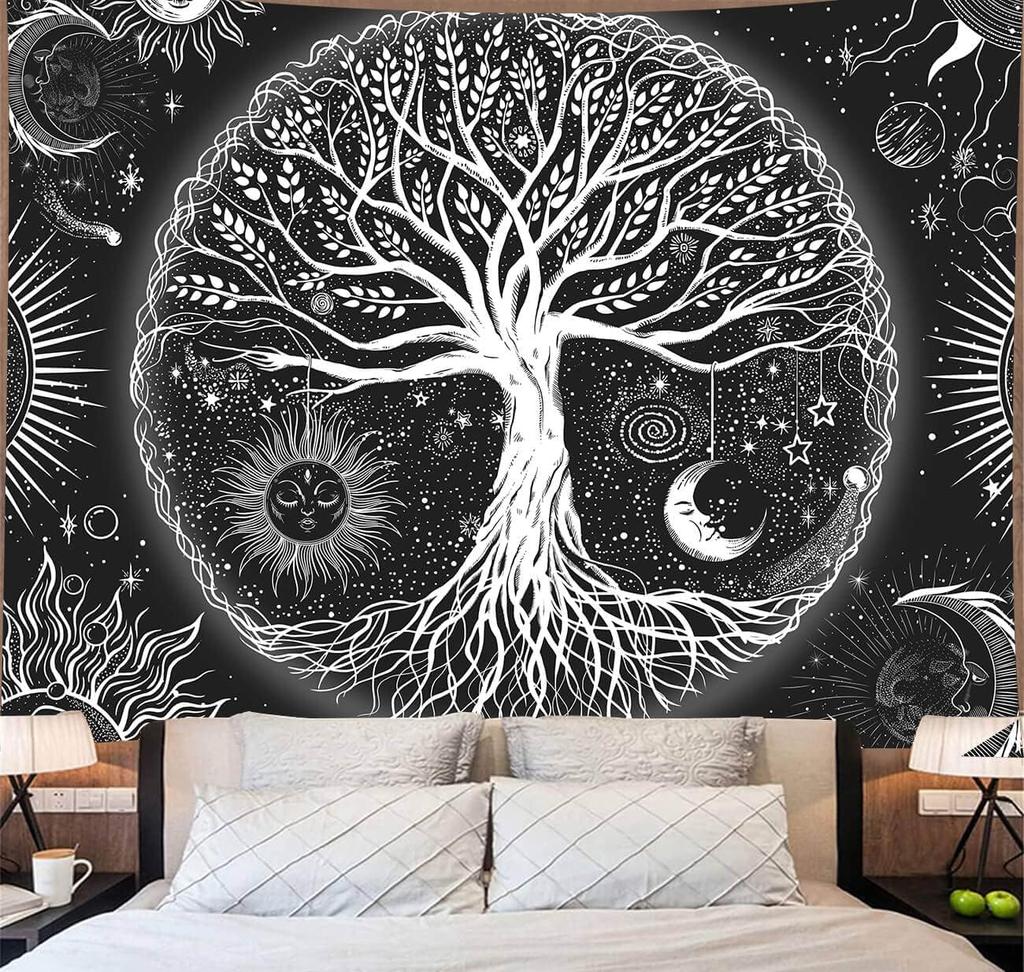 VIKAMA Sun Moon And Stars Tree Of Life Tapestry Ambient GalaxyStyle Wall Decoration Living Room And Bedroom Decorative Hanging