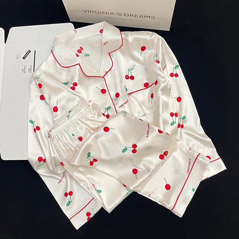 Pyjamas Damen Seiden-Langarmpyjamas Pyjama-Anzug mit Blumendruck Hochwertige Eisseide Kann Draußen Als Pyjama Für Zu Hause Getragen Werden