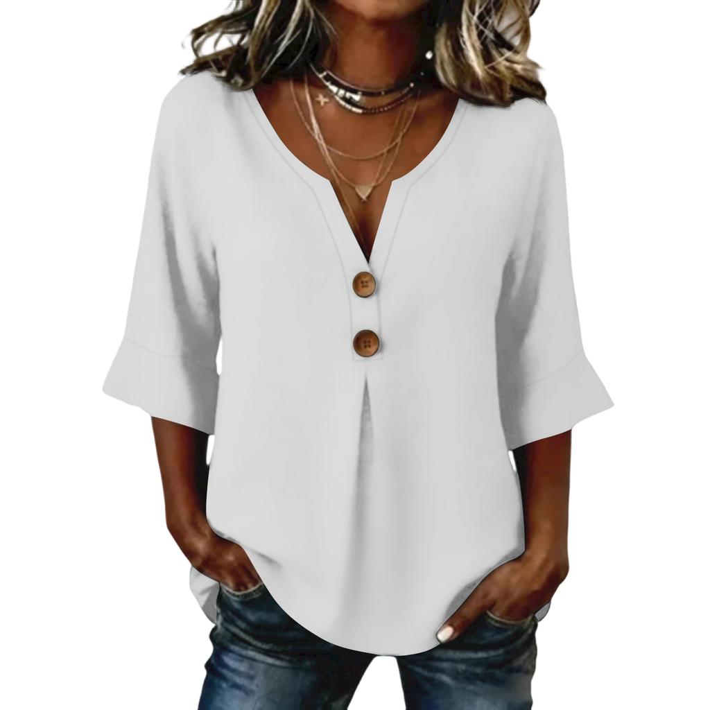 Women's  Color Button Casual V-neck Fashionable Seven Quarter Sleeve Top