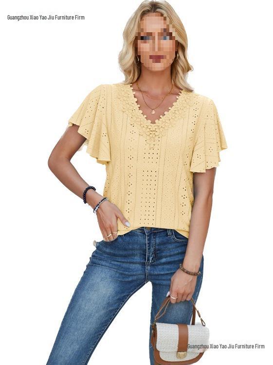 Spring/Summer Women's Lace V-Neck Ruffle Sleeve Loose T-Shirt