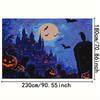 Horror Halloween Background Cloth - Gothic Castle  Full Moon  Flying Bat  Jack Pumpkin Lantern - No Electricity Required