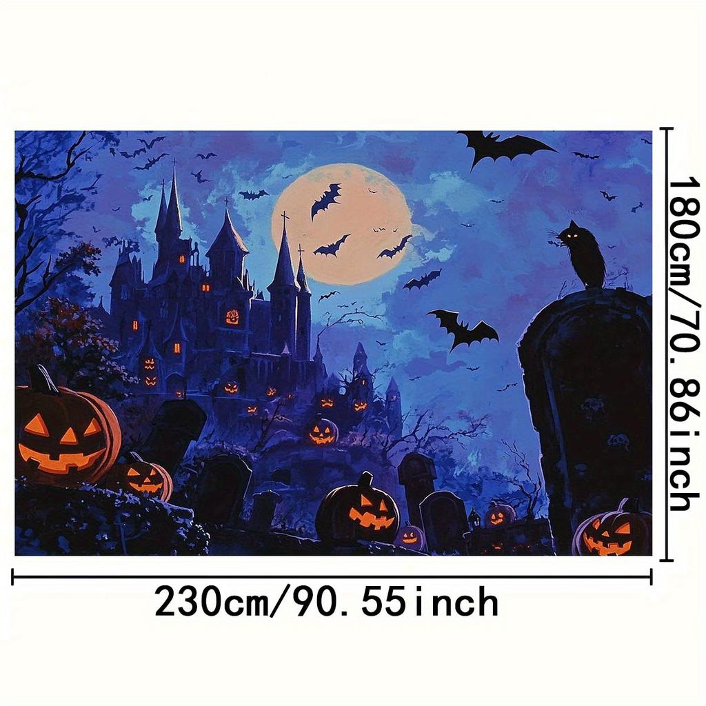 Horror Halloween Background Cloth - Gothic Castle  Full Moon  Flying Bat  Jack Pumpkin Lantern - No Electricity Required