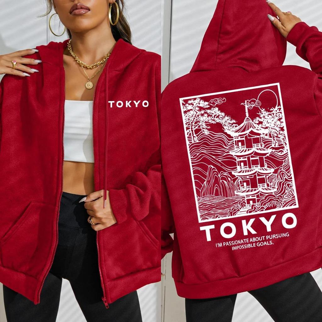 Tokyo Creative Building Cherry Blossom Letter Design Women Zipper Streetwear Hoodie Casual Loose Hoody Autumn Top