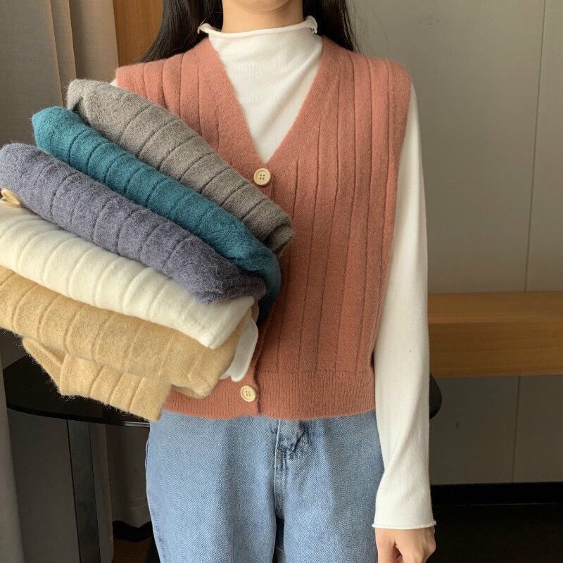 Women's Korean Style Loose Sleeveless Knitted Sweater Cardigan Vest Preppy Style Knitwear Cardigan Outerwear
