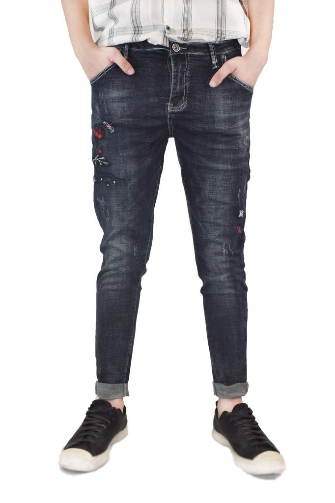 JOJO DESIGN Elastische Skinny-Feet-Jeans im klassischen Rosendesign aus Baumwolle, Größe Klein, Herrenjeans, Dunkel,