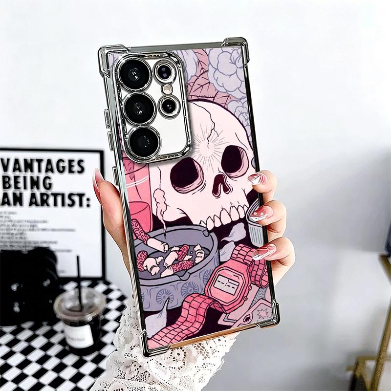 Pink Style Skull Witch Plating Phone Case For Samsung Galaxy S24 S25 FE S26 Edge S23 Ultra S22 S21 Plus S20 Anti-Fall Airabag Co