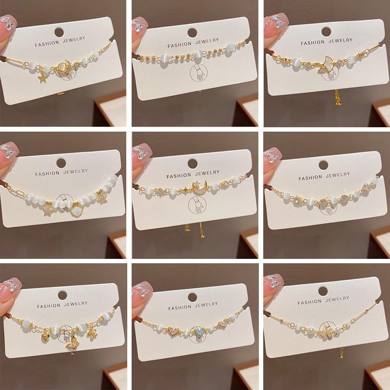 Adjustable Pull-Through Cat Eye Stone Bracelet With Moon Star Motif Gold Plated Copper Women Fashion Jewelry