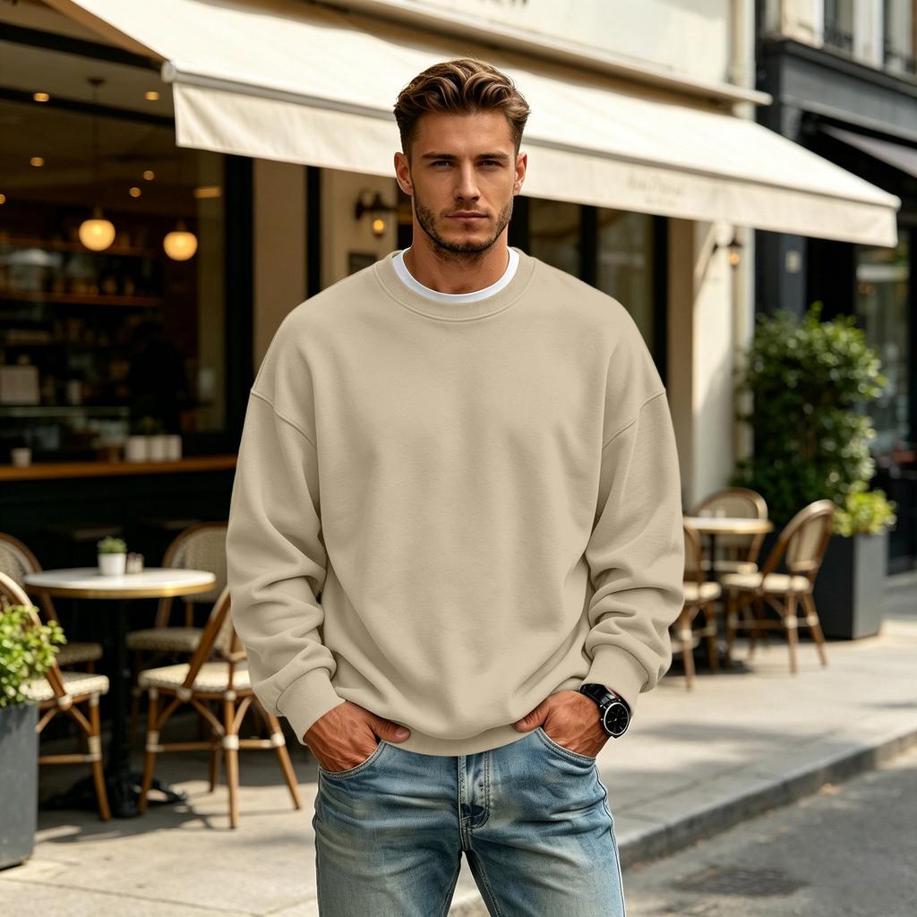 Men's Lined Crewneck Long Sleeve Sweatshirt Casual Loose Fit Pullover for Fall Winter