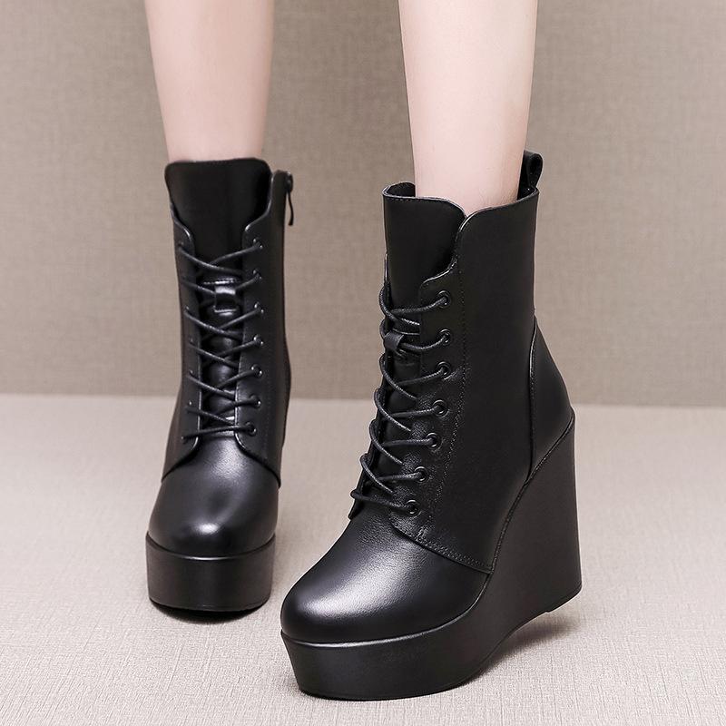 Women Genuine Leather Ankle Boots Winter Female Plush Snow Boots Platform Wedge Boots Women's High Heel Shoes Size 33-43