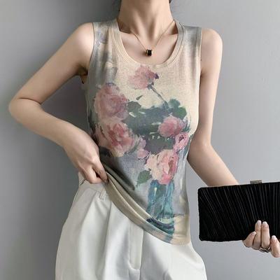 Colete feminino para uso no verão, camiseta sem mangas de fio de malha, colete fino floral