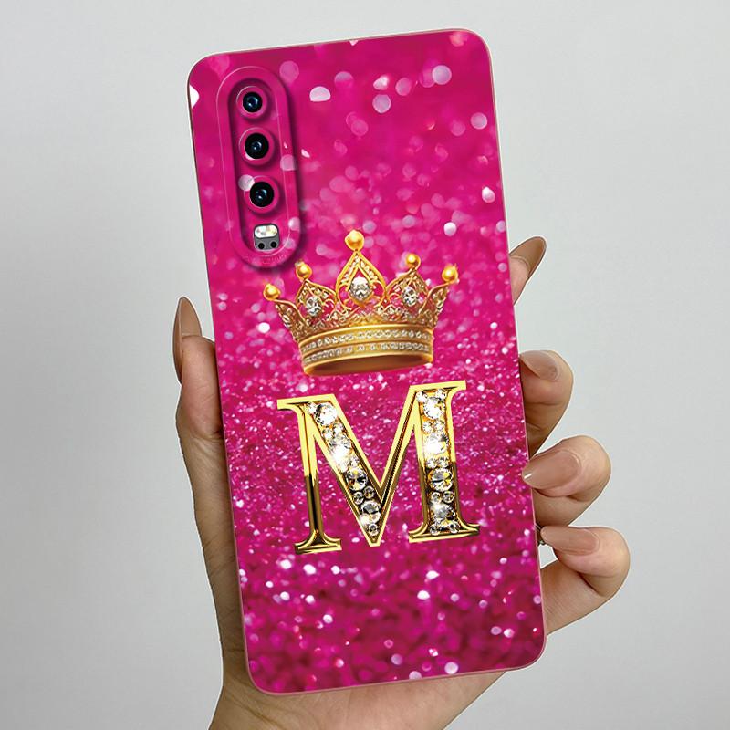 Back Cover For Huawei P30 ELE-L29 P 30 Pro VOG-L29 Crown Initial Letter Phone Case Liquid Soft Silicone Lens Protective Casing