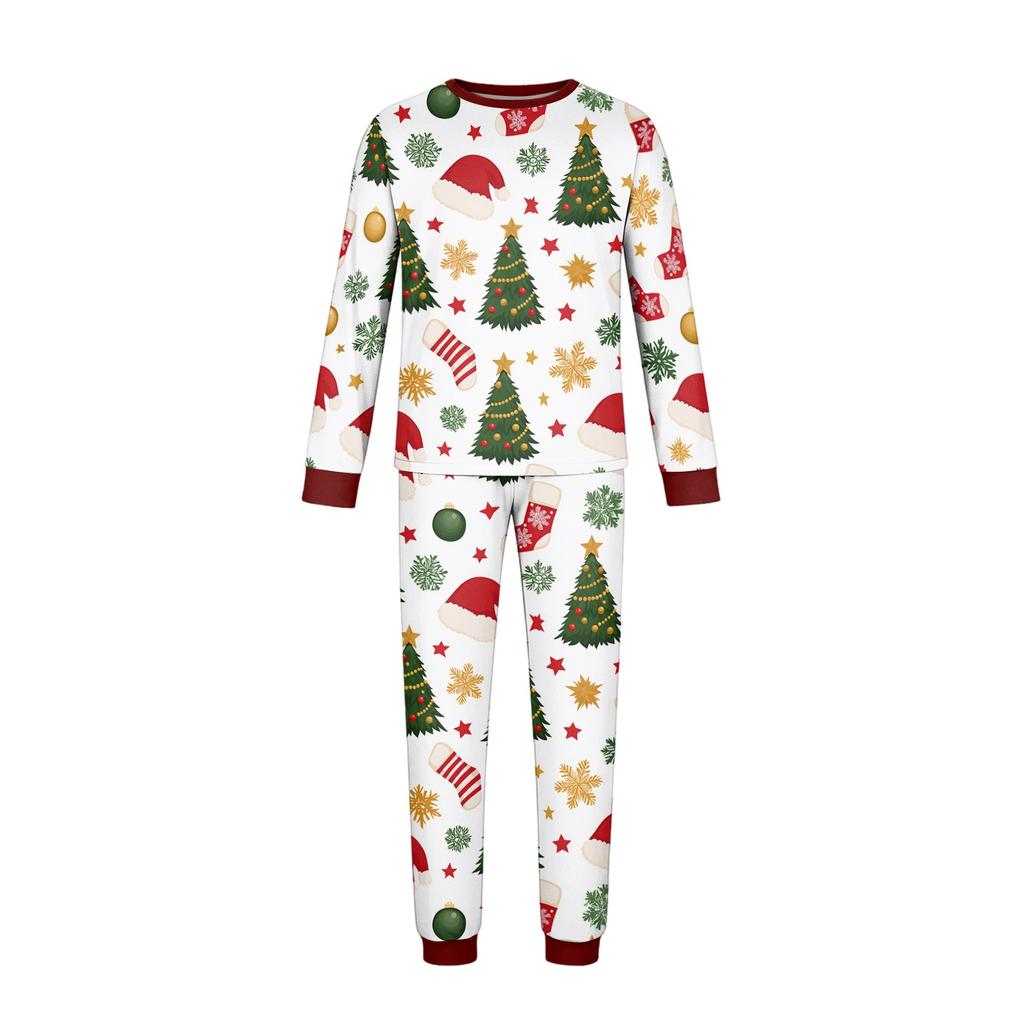 Family Matching Christmas Print Pajama Set Long Sleeve Neck Top and Pants for Parents and Kids