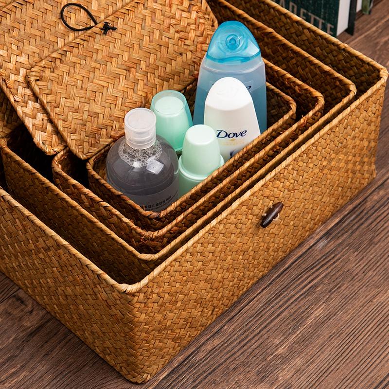Multi-size Seagrass Storage Basket with Lid Woven Rectangular Shelf Basket Bins Desktop Organizer Chirstmas Gift Basket