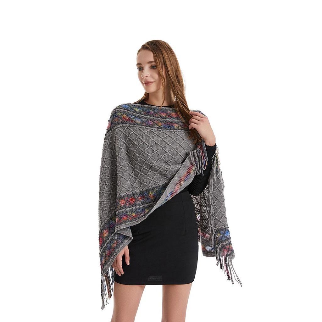 2022 Autumn/Winter Women's V-Neck Rainbow Tassel Cape Sweater