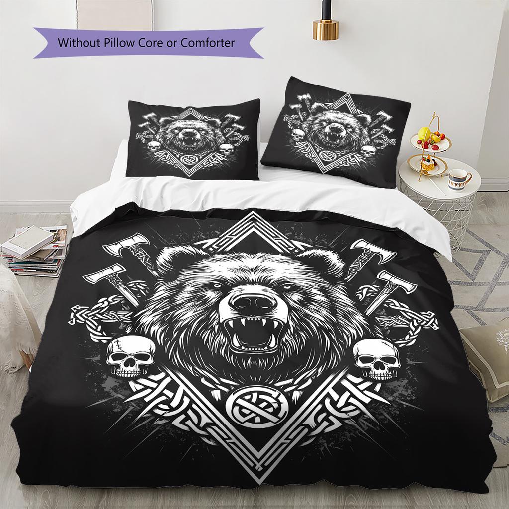 Wikinger-Krieger Muster Bettwäsche Steppdecke Set Bettbezug Kissenbezug Heimdekoration Geschenk (1 Bettbezug + 2 Kissenbezüge, ohne Füllung)