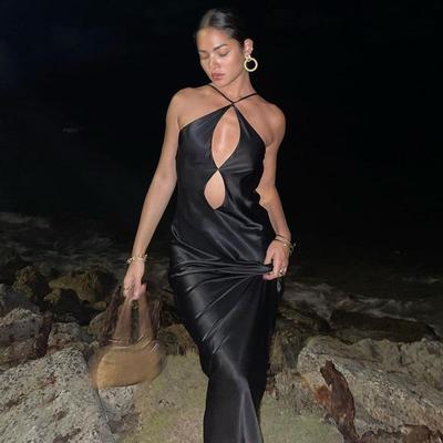 Kobiety Satin Sexy Backless Cut Out Slip Party Night Club Stroje urodzinowe Maxi Dress