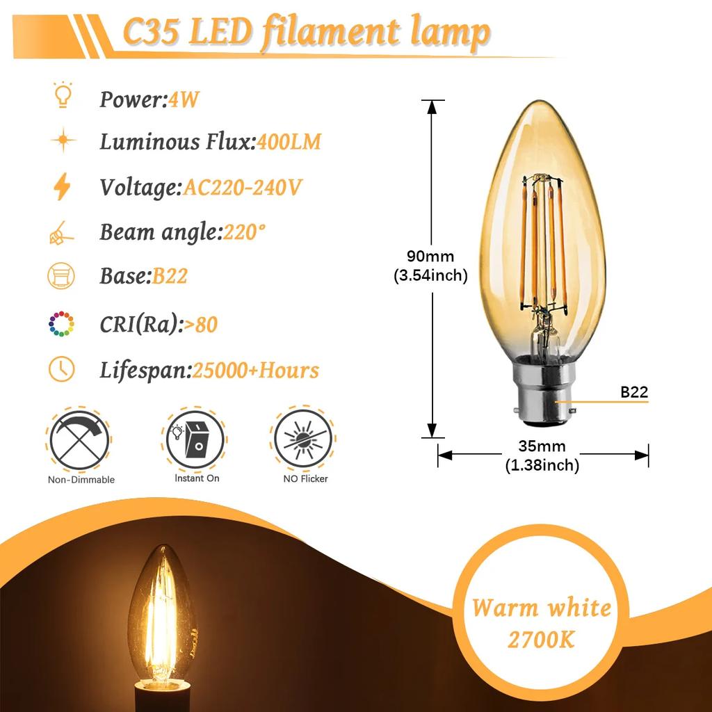 6PCS LED Filament Light Bulb Retro Edison E27 E14 B22 4000K 2700K 220V A60 G45 C37 Vintage Ampoule Incandescent Bulb Edison Lamp