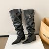 Autumn and winter new French white boots women's belt buckle pleated pile boots pointed thick heel knight boots