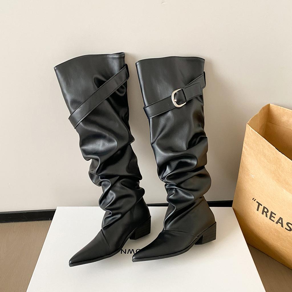 Autumn and winter new French white boots women's belt buckle pleated pile boots pointed thick heel knight boots
