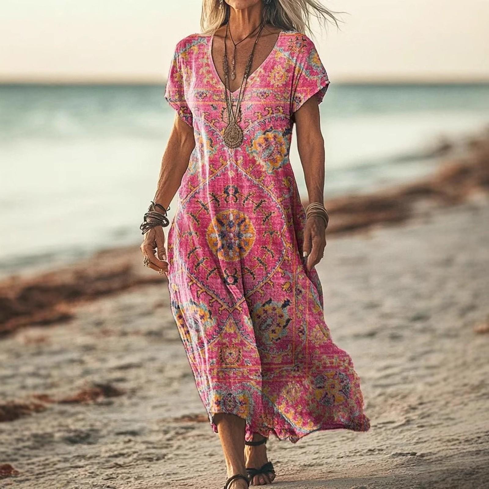 

Women Summer Floral Dress Short Sleeve Beach Dress With Pockets Casual V-Neck Split Long T-Shirt Dress Travel Vacation XXL гарячі рожевого кольору
