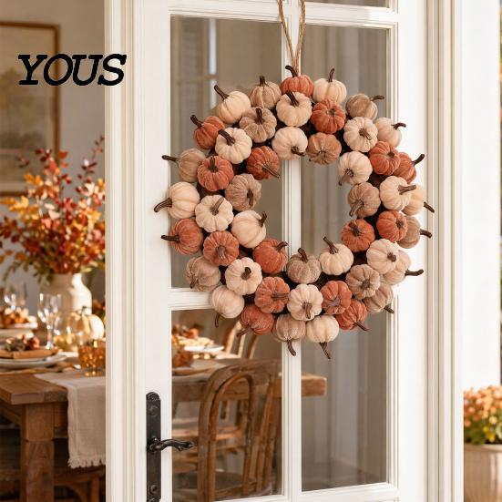Velvet Pumpkin Garland Wreath Door Hanger, Fall Thanksgiving Garland, Rustic Vintage Decoration Autumn Harvest Decor for Entryway Window, Farmhouse
