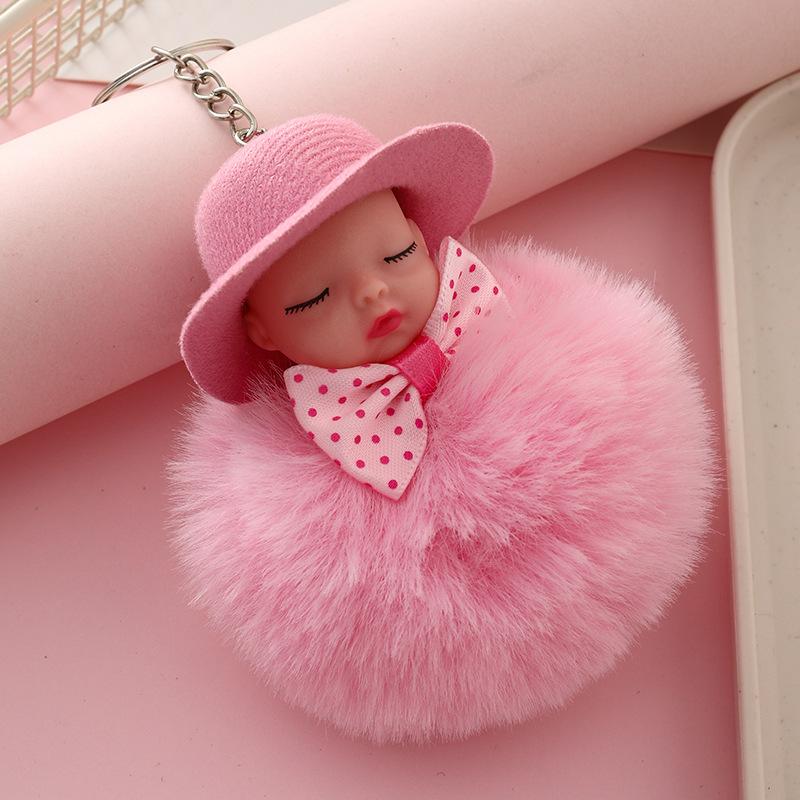 Sleeping Doll Keychain with Hat & Bow, Plush Fur Ball Ornament