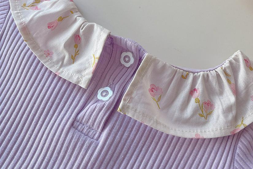 Girls' Floral Collar Short Sleeve Summer Outfit - Stylish Baby Two-Piece Set In Solid Color