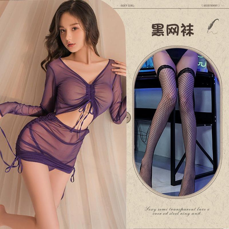 Perspective love underwear sexy perspective mesh one-piece pajamas hollow uniform temptation hip skirt