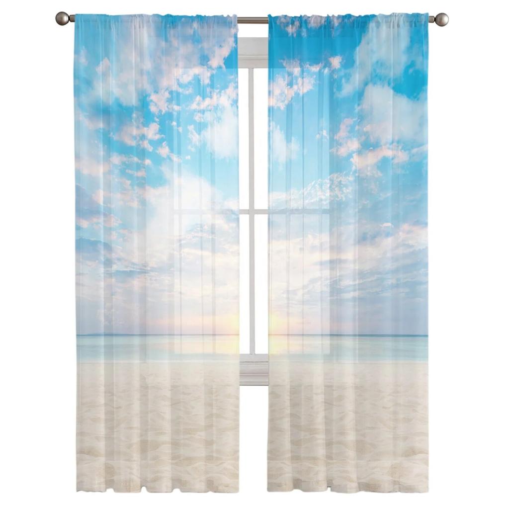 Beach Sand Sky Sun Tulle Curtains for Living Room Kitchen Bedroom Sheer Tulle for Cafe Hotel Modern Home Decor
