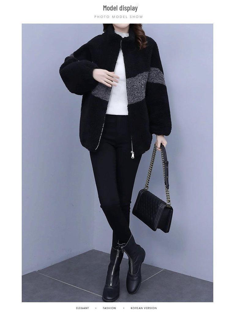 Women's Plus Size Color Block Fleece Coat - Lamb Wool One-Piece, Autumn & Winter Fashion