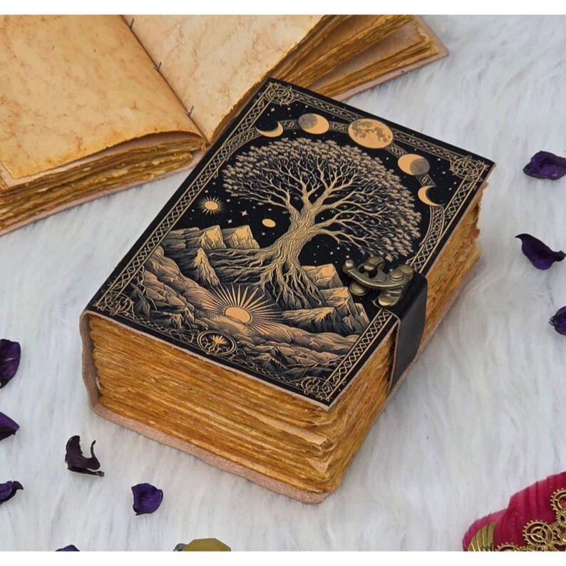 Celestial Tree of Life Journal Vintage Lock Diary with Moon Phases | Handmade Spellbook, Grimoire, Witchcraft Notebook, Book of Shadows