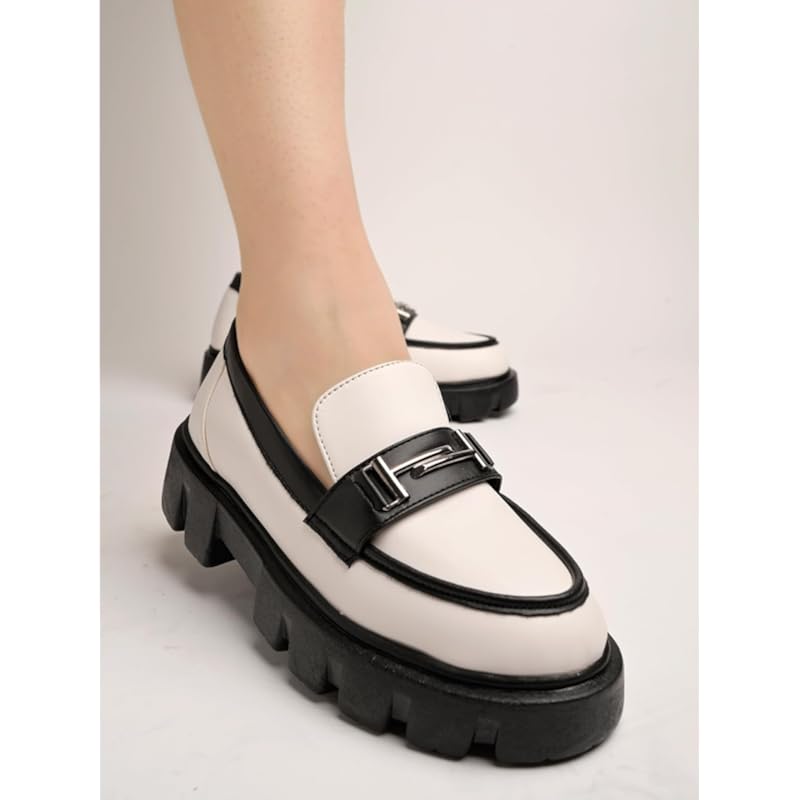 Shoetopia Front Buckle Detailed White Loafers For Women & Girls /Uk5-Eu38