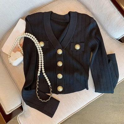 French High-grade Black Gold Button Long-sleeved Cardigan Sweater for Women Casual Solid V Neck Sweater Cardigan Female Top