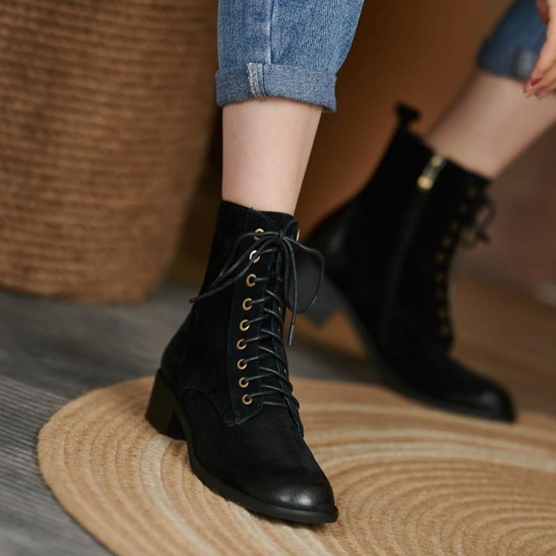 Fashion HOT SALES Fall Shoes Zipper Genuine Leather Boots Women Retro Lace Ankle Boots for Women Plus Size 42 Fashion Winter Boots Women