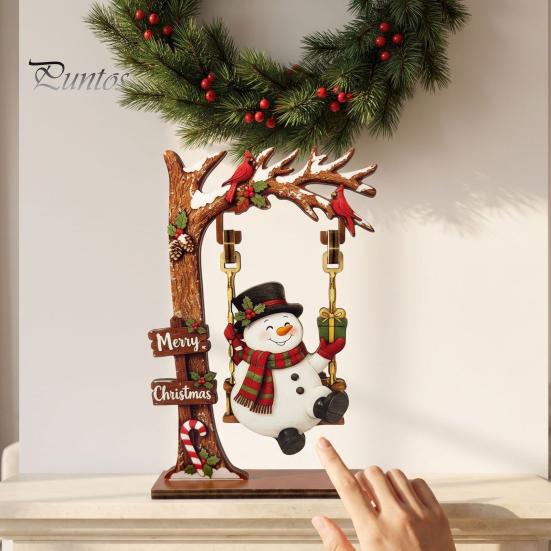 Creative Christmas Desktop Ornaments Wooden Ornaments, Santa Snowman Figurine with Moving Holiday Decorations Swing, Rustic Tabletop Centerpiece