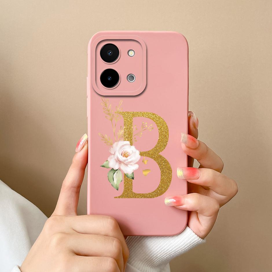 

Case For Vivo Y28 4G 5G Art Flower 26 Letters Liquid Silicone TPU Back Cover For VivoY28 4G 5G Advanced Sense Couple Funda Shell Vivo Y28 5G