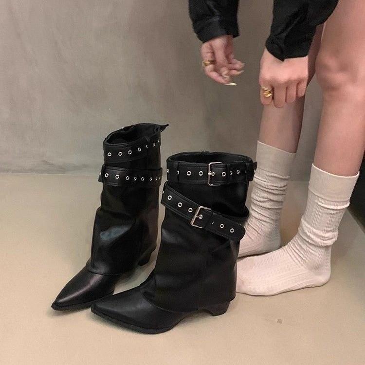 Vintage Thick Heel Pointed Toe Women Pipe Boots Fashion Belt Buckle Ladies Elegant Slip On Mordern Mid Calf Booties