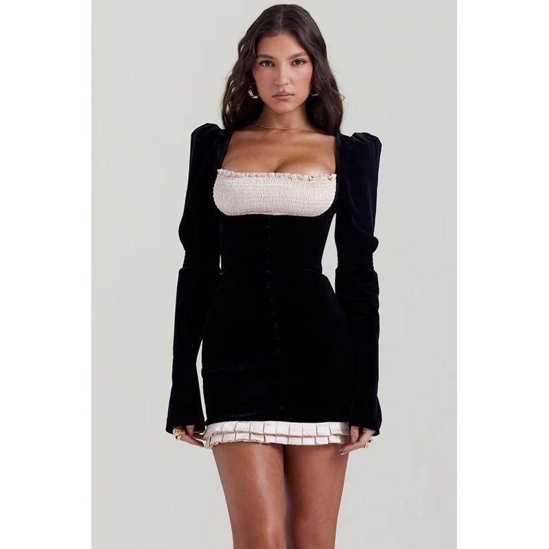 

House of Striking Black Velvet Dress Organ Pleats Black Velvet Dress(High quality) L