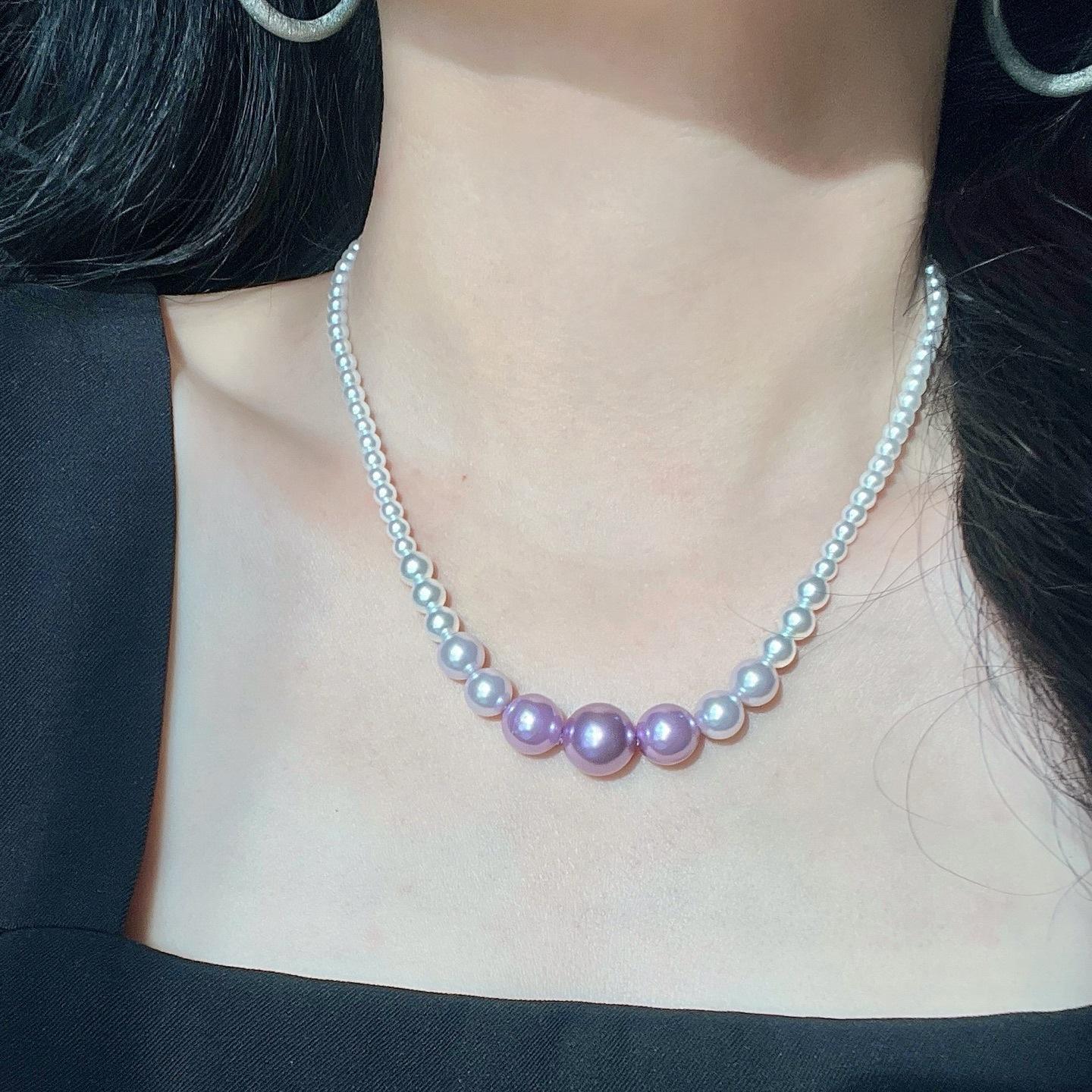 Highlight Purple Mixed Color Artificial Crystal Pearl Gradual Change Smile Design Sense Necklace Collarbone Chain Sweater Chain