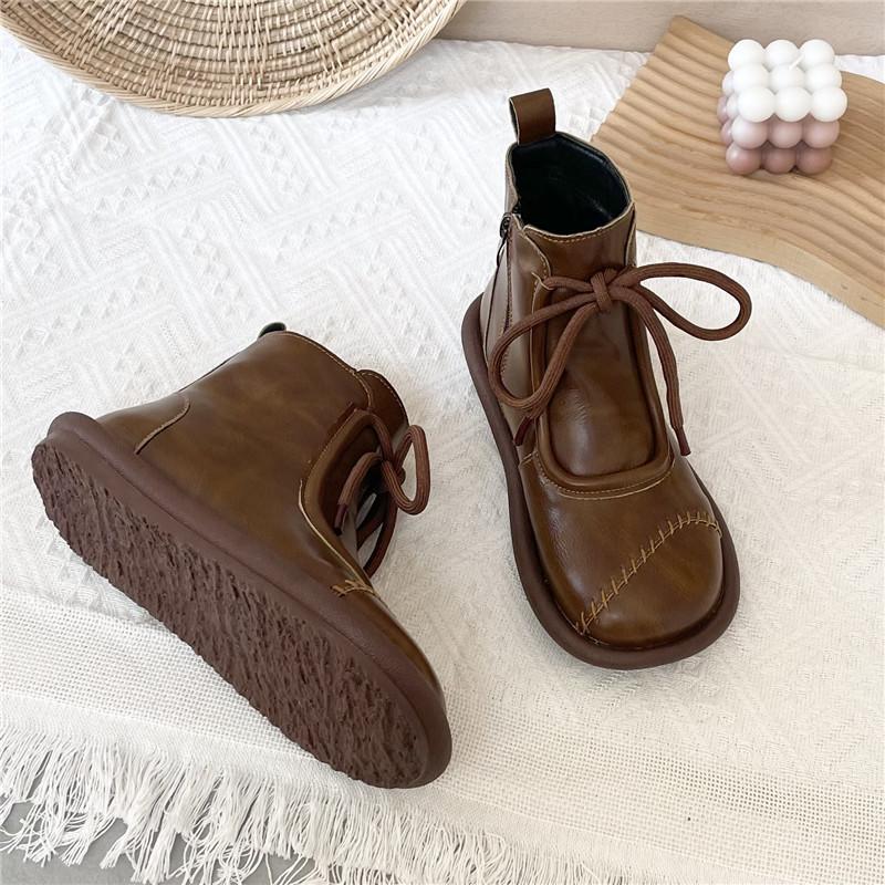 Literary round head cute short women's boots spring and autumn new Martin boots zipper low heel soft sole comfortable short boots tide