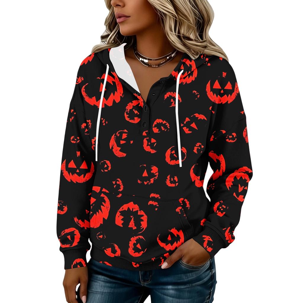 Women's Halloween Print Hoodie with Button Front - Long Sleeve Pullover Sweatshirt