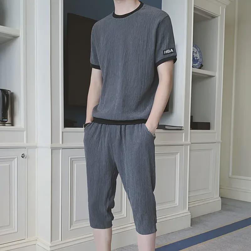 Men's Summer Ice Silk Two-Piece Casual Suit - Short-Sleeved Top & Loose Cropped Pants