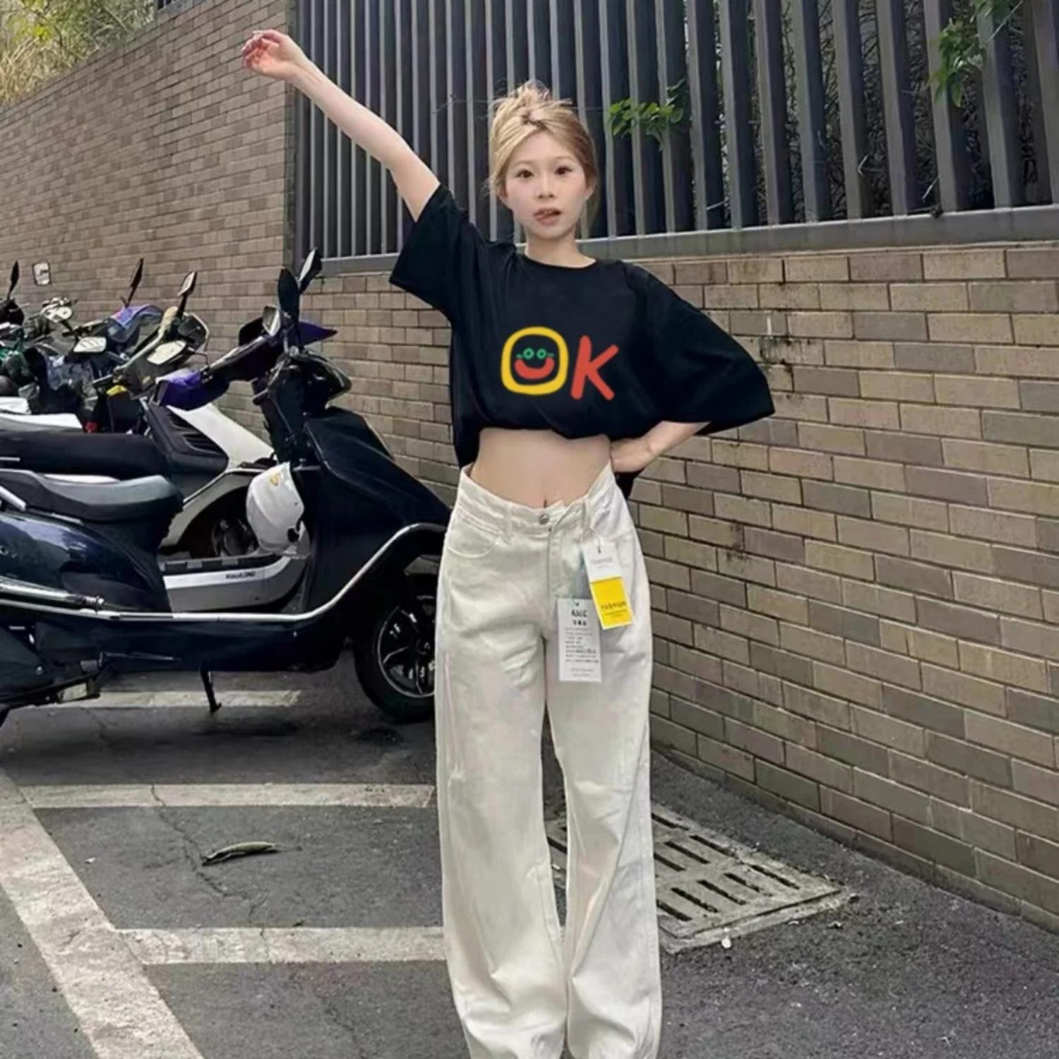 Smiley face OK printed round neck short-sleeved T-shirt Women s summer casual simple T-shirt suitable for daily wear S чёрный