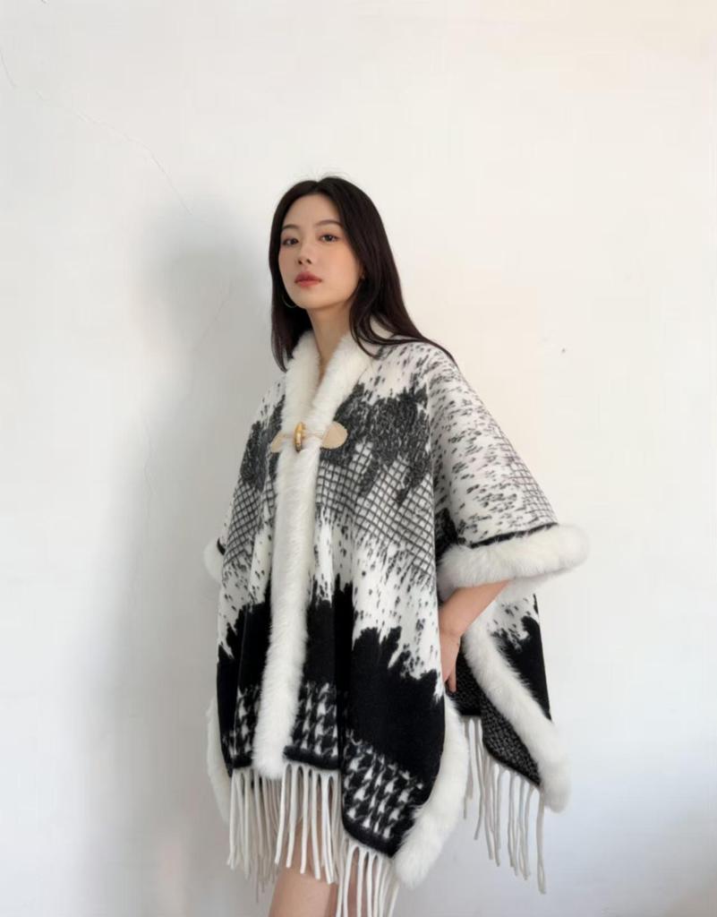 Elegant Women's Floral Ink Wash Shawl - Soft Cashmere Feel, Tassel Detail Cape